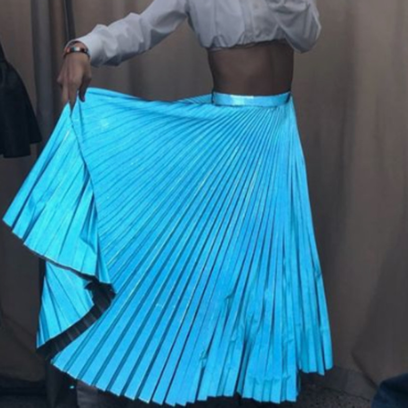 Forår kvinder lang metallisk sølv maxi plisseret nederdel midi nederdel høj talje casual fest nederdel vintage efterår varmt nederdel
