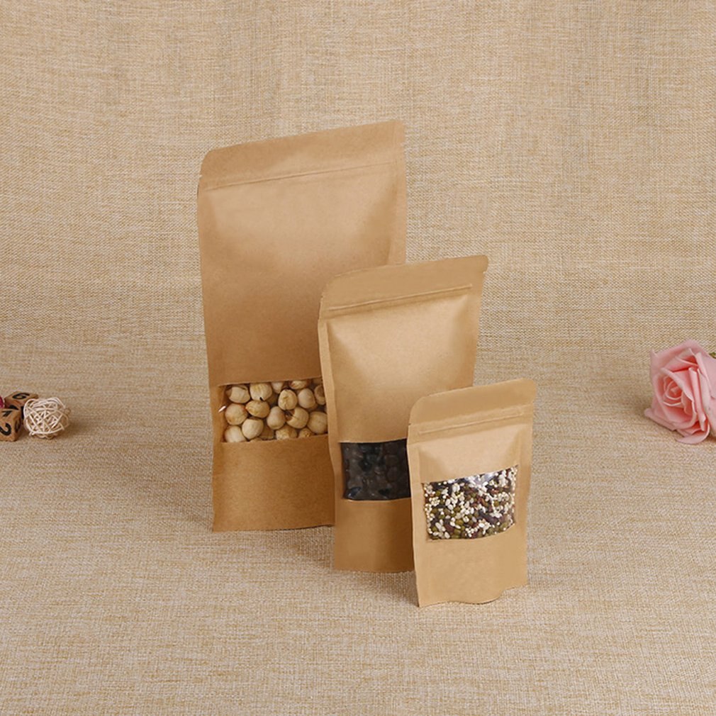 Reusable Kraft Paper Bag with Frosted Window Stand Up Pouch Bag with Tear Notch Moisture Proof Packaging