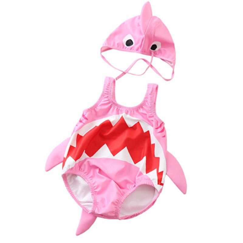 Mode een stuk meisjes badmode mooie baby jongens zwemmen kleding shark shape baby zomer badpak met badmuts: Roze / 12m