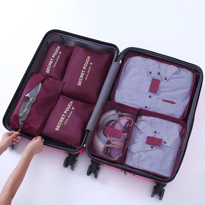 Oxford sac de voyage, ensemble de 7 pièces, sac à mailles, tissu de , dans la valise, organisateur de bagages, emballage Cube pour la finition de vêtements: Wine red