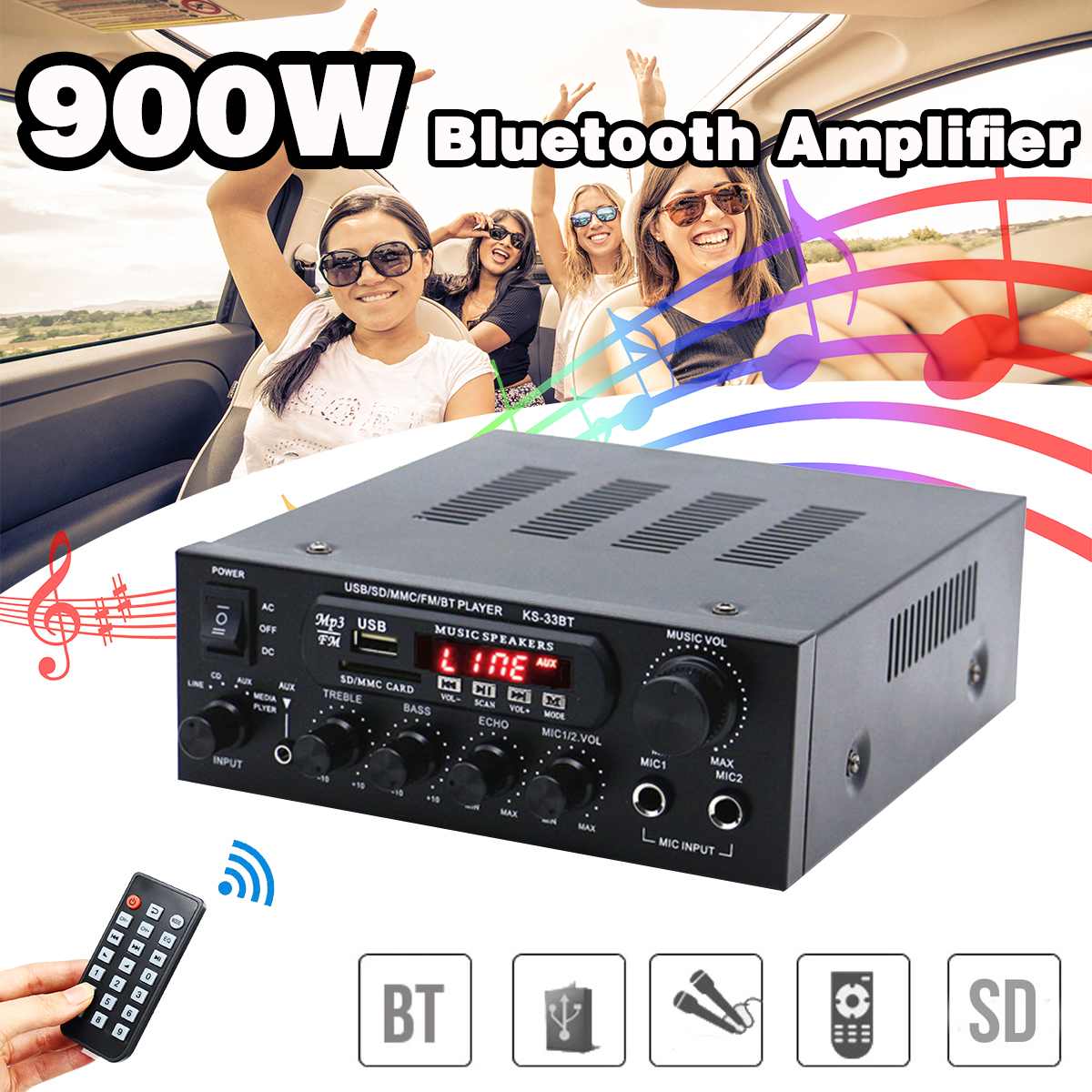 900W Auto Bluetooth Stereo Versterker Hifi Digitale Audio Home Karaoke Eindversterker Auto Auto Versterker Hifi Usb Geheugenkaart fm