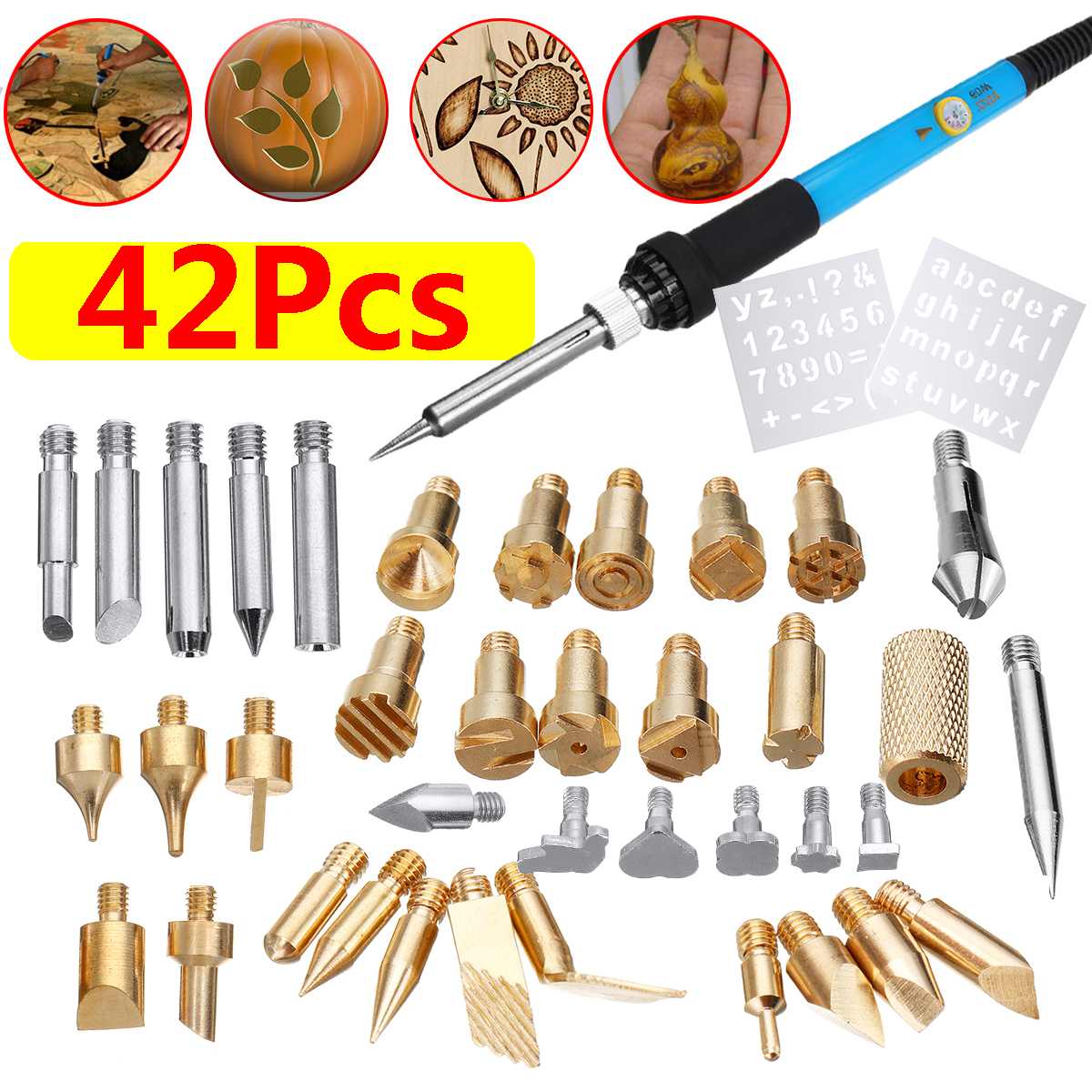 Electric Soldering Iron Kit Wood Burning Pen 42Pcs 60W Tip Pyrography Craft Tool 110V/220V US/EU Plug Repair for Woodworking