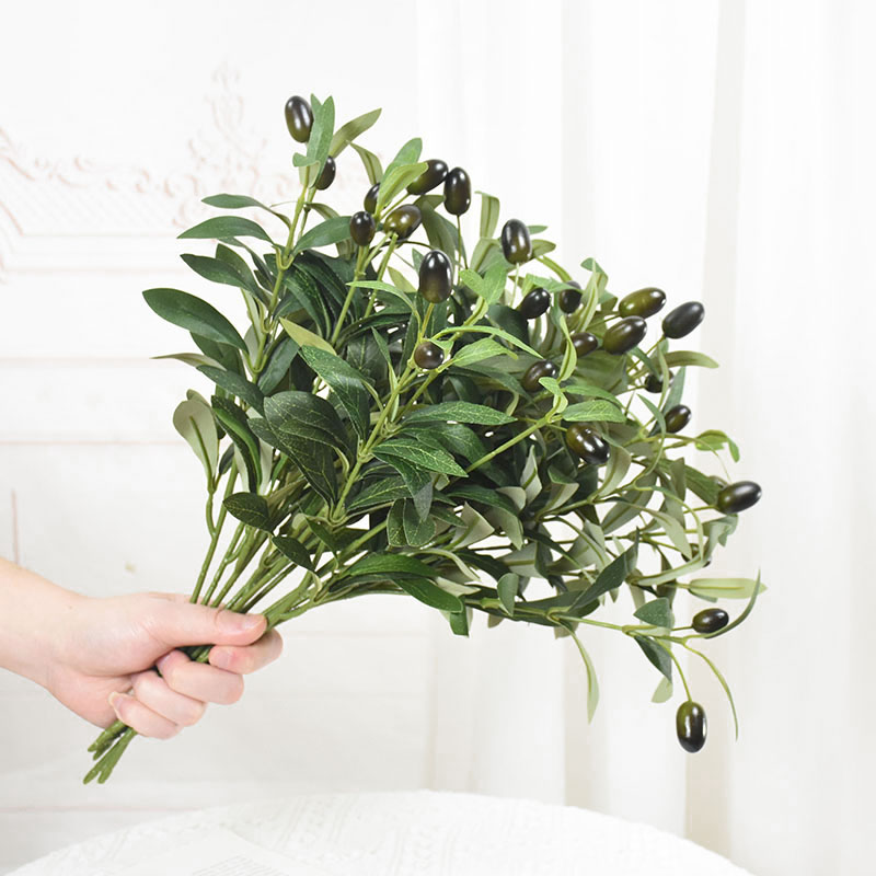 1/3 Uds hojas de olivo artificiales rama de árbol planta verde con fruta para el hogar jardín florero decoración ramo de boda flores de seda