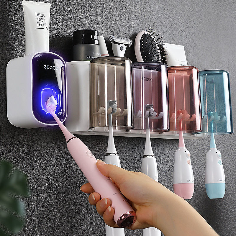 ECOCO – distributeur automatique de dentifrice à pression, accessoires de salle de bains, poinçon gratuit, ensemble de porte-brosse à dents, support de rangement mural