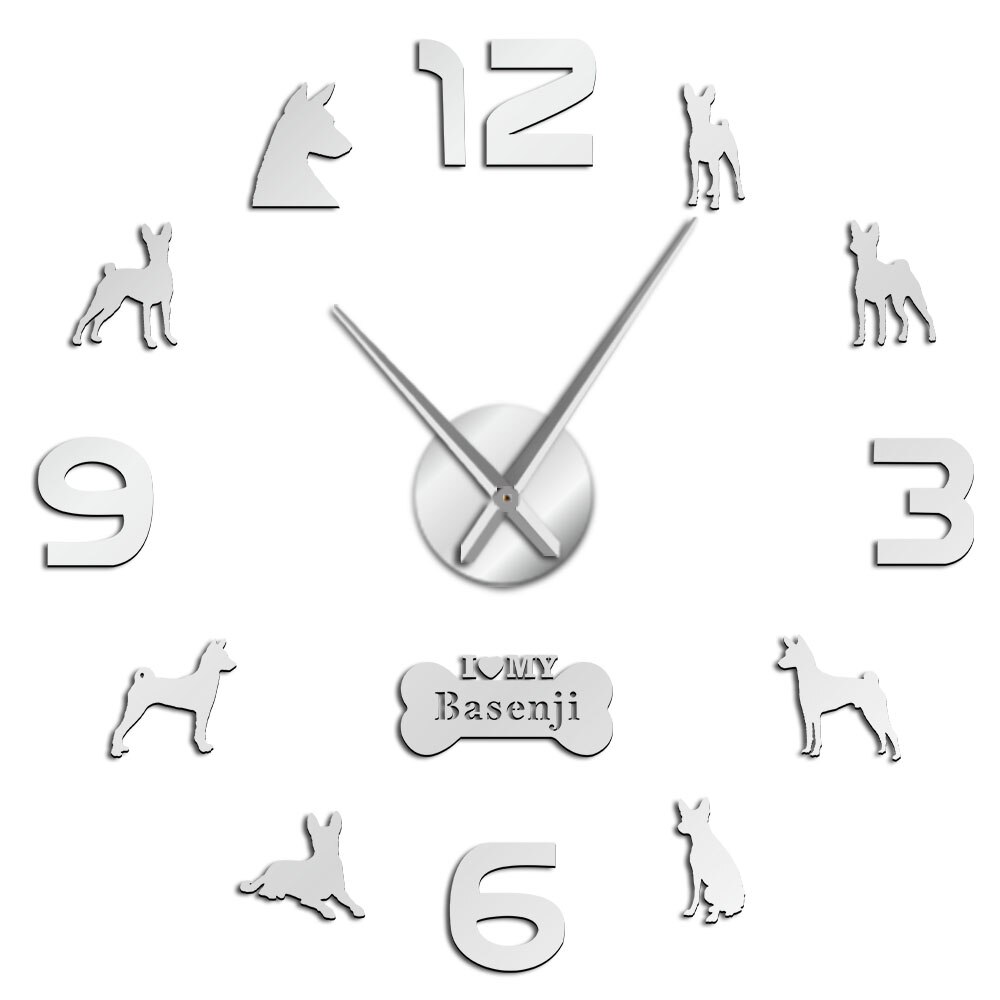 Basenji-Reloj de pared de estilo africano para perros, pegatinas de pared para reloj de sala de estar: Silver / 47inch