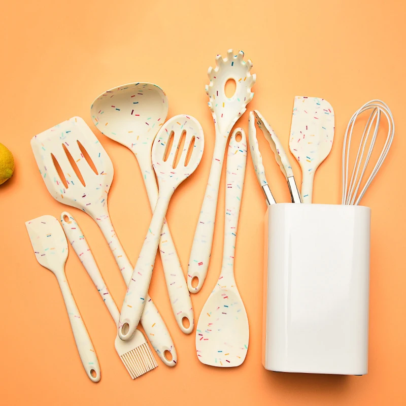Color Dot Silicone Kitchenware Long Handle Soup Spoon Colander Frying Spatula Egg Beater Household Baking Cooking Tools
