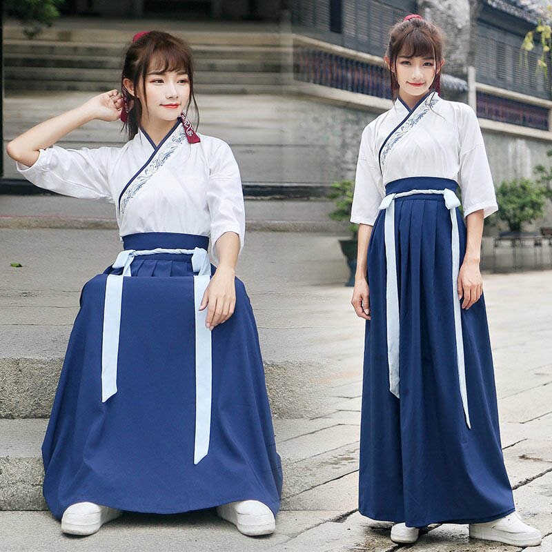 Hanfu Kostuum Chinese Stijl Borduurwerk Hanfu Kostuum Chinese Oude En Traditionele Vrouwen Kleding Volksdans Kostuum DQL1151: Blue / XL