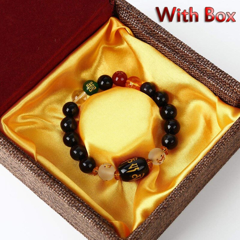 Feng Shui ossidiana Braccialetto Cinque elementi Ricchezza Porsperity Buona Fortuna Regalo con la Scatola Delle Donne Degli Uomini di Braccialetti con Perline: Beads Size 10mm