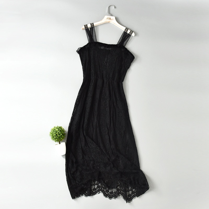 Women Lace strap dress suspender see through sexy full slip dress long loose high waist thin eyelashes with lining petticoat