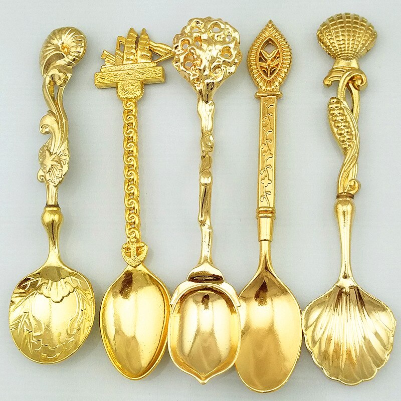 5 unids/set de cocina bar comedor estilo real clásico bronce tallado pequeña cuchara de café Mini cuchara de postre para aperitivos