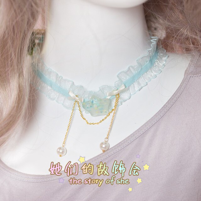 A mano hecho a mano diy suave chica Harajuku encaje cuello collar Lolita hecho a mano collar de estilo japonés gótico Adorable collar de las mujeres: Light Blue Pearl