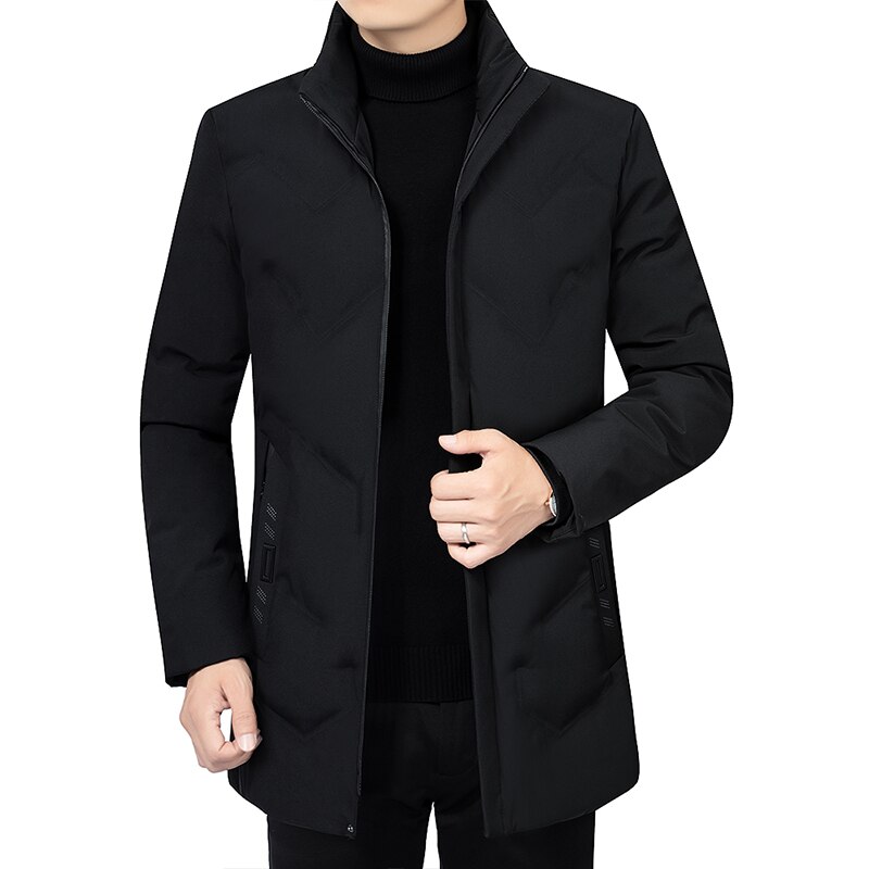 Casual mænd vinterparka mellemlang 2 farver varm jakke outwear vindtæt frakke hætte str. l -4xl: Sort / L til 160 cm 60kg