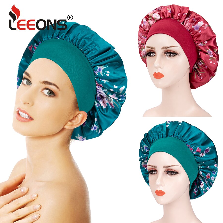 Red Flowers 1 Piece Sleep Cap Satin Bonnet Night Head Cover With Wide Band For Sleeping Soft Hair Silk Bonnet For Women Girls