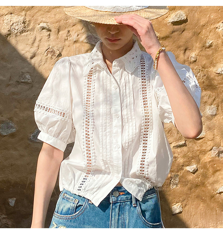 Fransk stil randig blus blå kvinnor vit bomull spets chic ihålig sexig casual sommar damer toppar skjortor: S / Elfenben