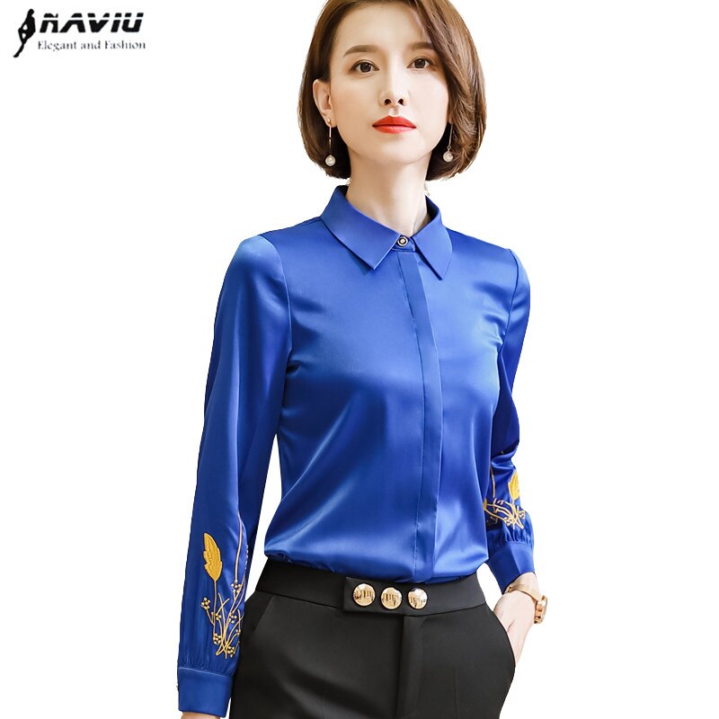 Blå chiffon skjorte kvinder forår broderede langærmede slanke bluser kontor damer arbejdstoppe