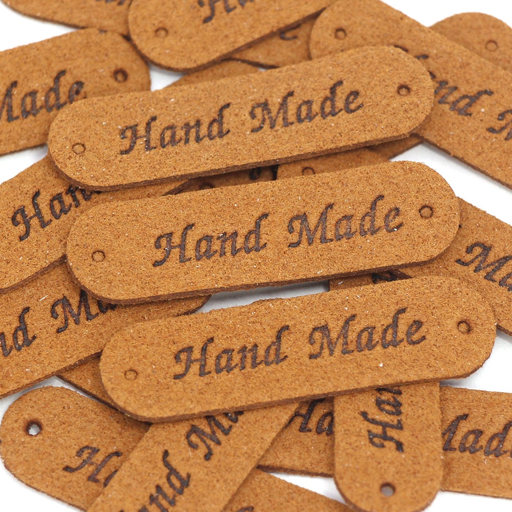 20Pcs Brown Pu Lederen Tags Handgemaakte Labels Voor Hoeden Kledingstuk Naaien Tags Etiketten Voor Kleding Hand Made Ambachten 45*13Mm