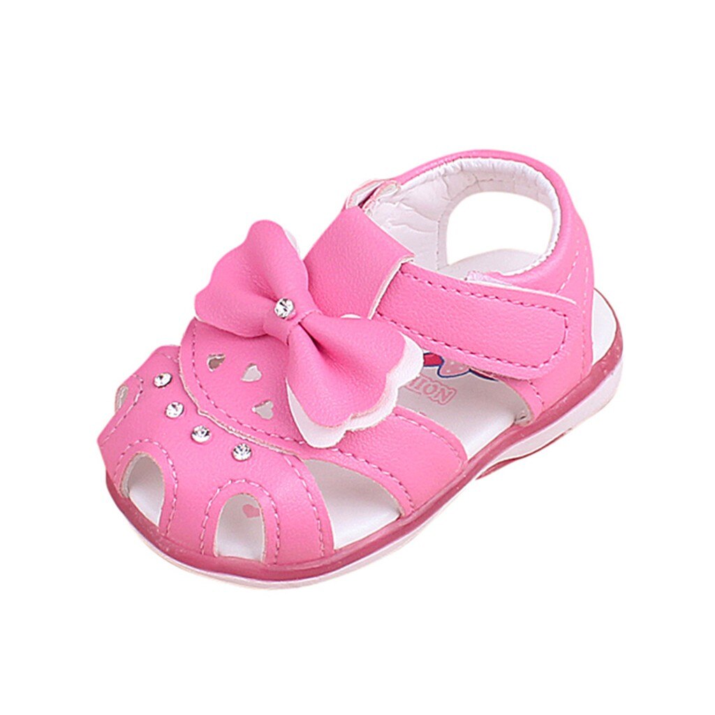 Princess Children's Sandal Girls Solid Color Tile Sun Bow Knot Lighting Beach Sandals Girls Shoes Cute Soft Shoes Sandal Shallow: Hot pink / 3-6Months