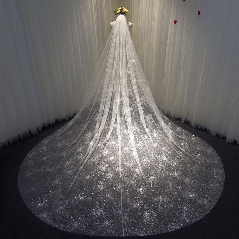Sparkly Bling Bling Bridal Wedding Veils White Ivory Champagne Gold Long Cathedral Fireworks Sequined Veil With Comb 3X3.5Meters: Photo BigFireworks