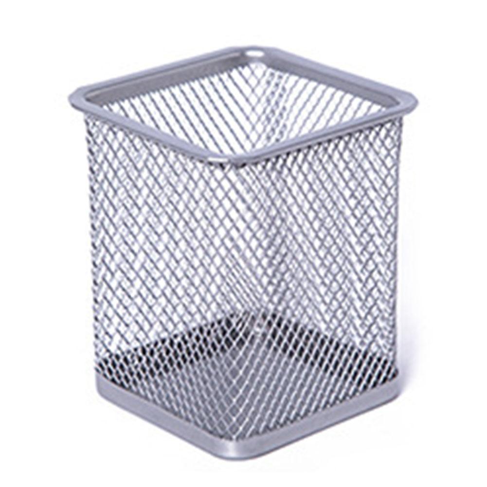 Desktop Office Mesh Metal pencil holder Pen Pencil Brush Pot Holder Storage Container Office Desk Organizer office organizer: Silver  Square