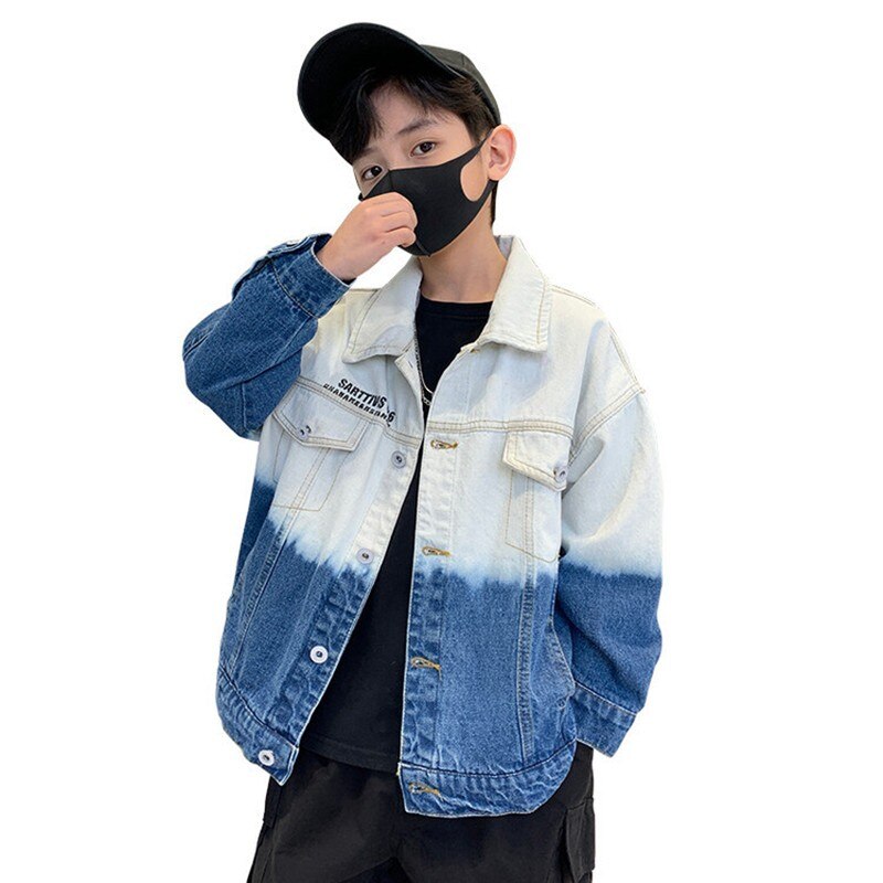 Menino primavera casaco 2022 novas crianças roupas adolescente gradiente denim jaqueta crianças casual retalhos outerwear 3 4 5 7 9 10 11 12 13 14 y