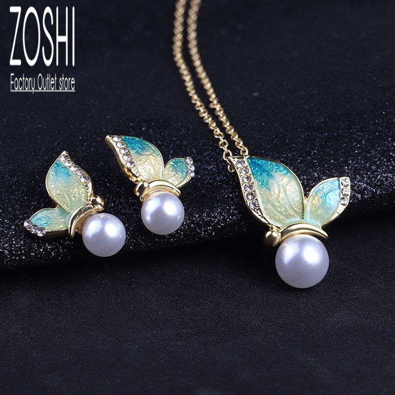Bohemian Vlinder Kettingen Voor Vrouwen Gouden Ketting Gesimuleerde Pearl Stud Oorbellen Enamel Ketting Sets Winter Sieraden Set: blueH72660