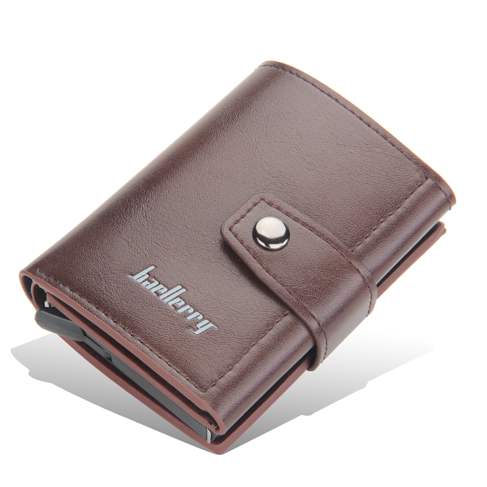 Antitheft Rfid Credit Card Holder Wallets Men Leather Aluminum Box Metal Male Purse Bag Small Cardholder Case Minimalist Wallet: Coffee