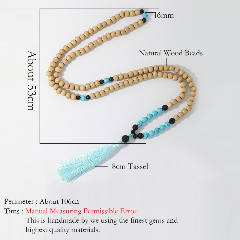 OAIITE Blue Tassel Wood Beads Statement Necklace Bohemian Ethnic Vintage Nature Stone Long Charm Necklace For Women Men