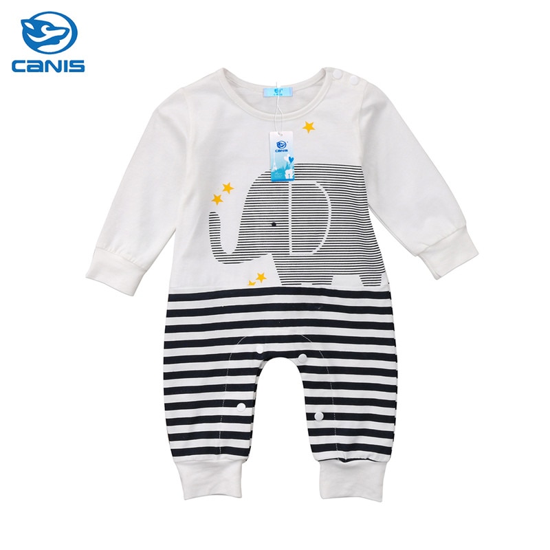 CANIS Herfst Casual Een Stuk Bebe Kid Jongens Kids Baby Meisjes Jongen Olifant Gestreepte Romper Jumpsuit Outfits Kleding
