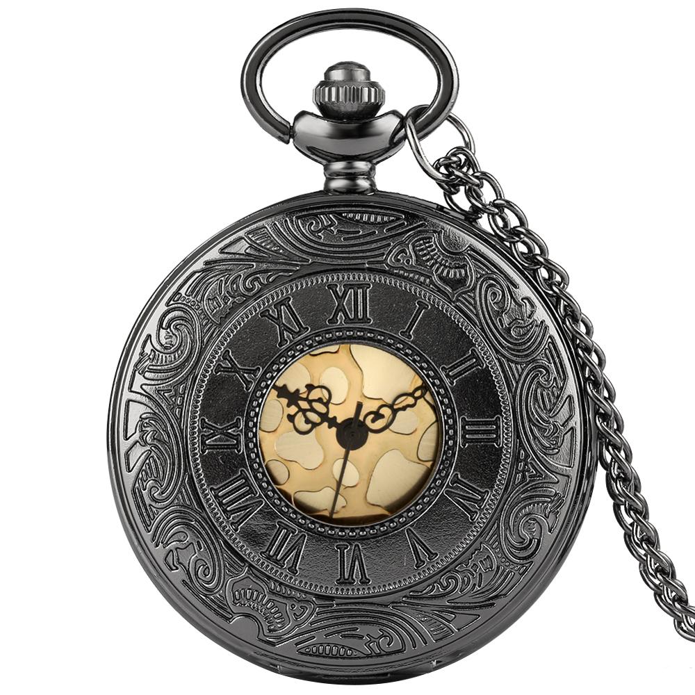 Retro Brons Hollow Flip Quartz Zakhorloge Romeinse Cijfers Gouden Wijzerplaat Horloge Modieuze En Duurzaam Chain Hanger Ketting: black  gold dial