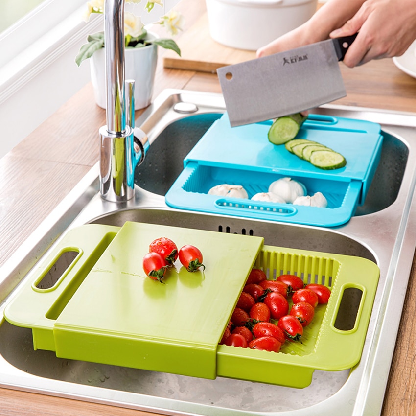 Keuken Multifunctionele Sink Snijplank Huishoudelijke Groente Fruit Vlees Snijden Plaat 3 In 1 Plastic Afvoer Opslag Mand