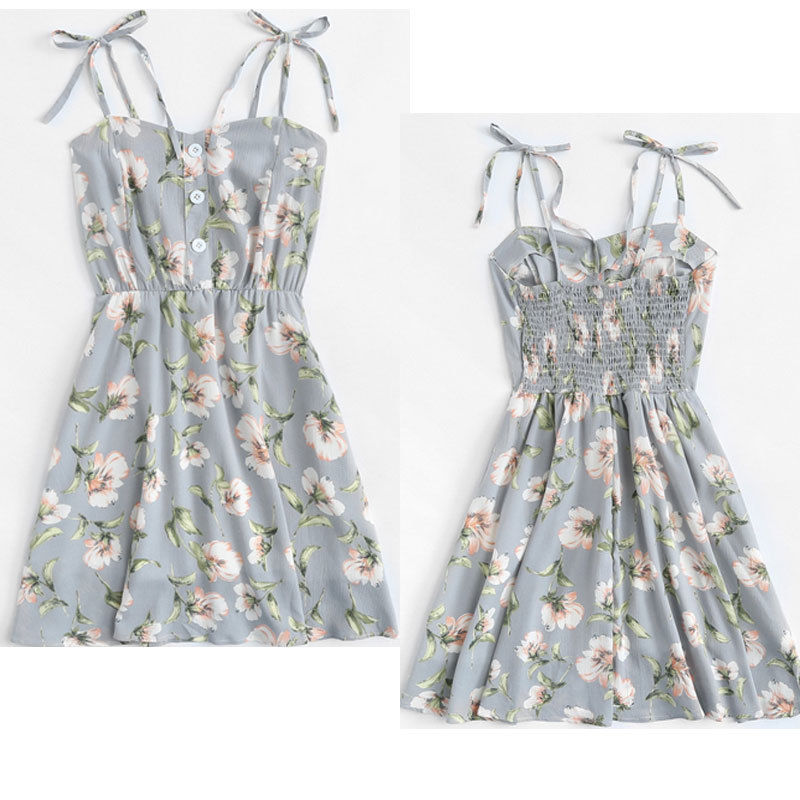 vrouwen Boho Bloemen Jurk Dames Chiffon Zomer Feestavond Strand Korte Mini Jurk Zonnejurk Nieuw in: Grijs / M