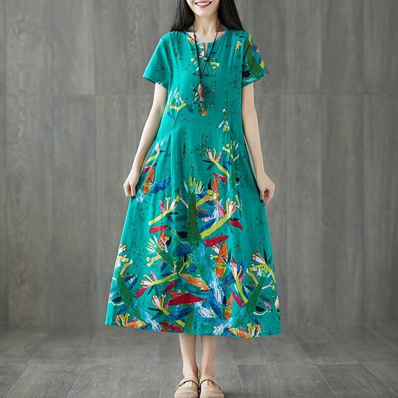 Etniske kjoler sommerkjole vintage femme kortærmet lang kjole print folklore retro vestido kjole i kinesisk stil  ta1646