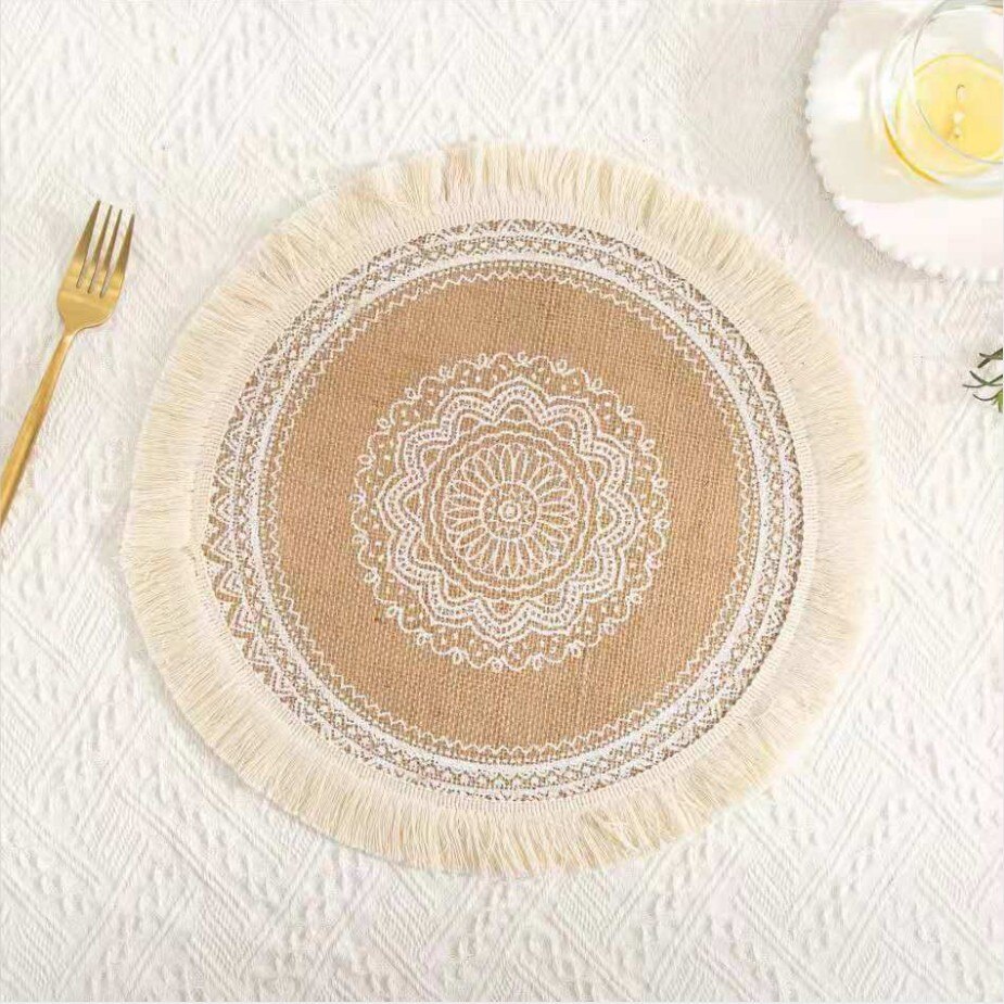 Napperon de Table à manger rond en Jute avec pompon, napperon tissé antidérapant, tapis isolant, dessous de verre pour café, décoration de la maison,: Color-03