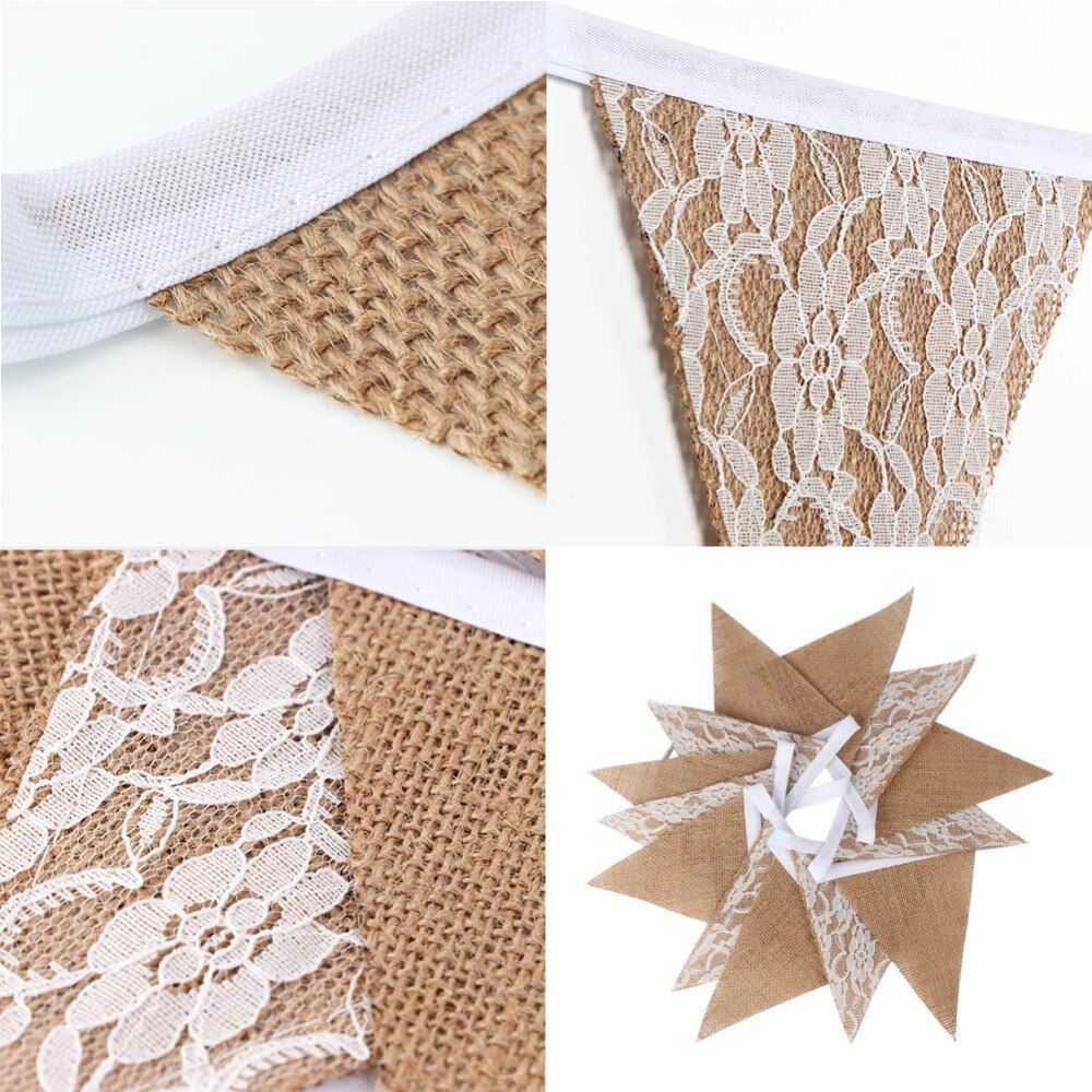 OurWarm 3m Wedding Banner Background Party Photography Props Decoration 12*16*16cm Burlap Lace Bunting Banner 13 Flags