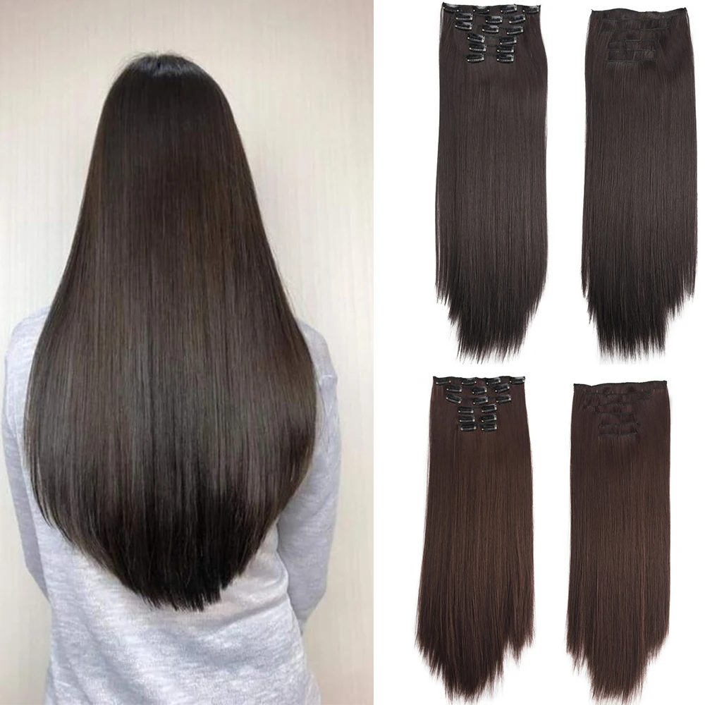 Grampo em extensões de cabelo sintético 24 Polegada longo invisível natural em linha reta 6 pçs grosso sem costura clipe em extensões de cabelo para mulher
