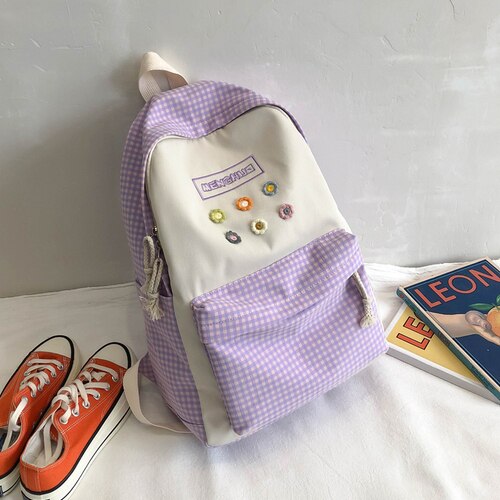 Hochschule Schüler Damen Nette Rucksack Frauen Blume Weibliche Harajuku Schule Taschen Buch Kawaii Rucksack Nylon Mädchen modisch Tasche: ohne Spielzeug Violett 1