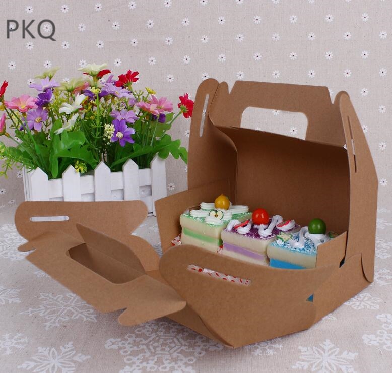 20 piezas al por mayor Kraft caja de papel para pasteles con mango marrón caja de la Magdalena de la boda de cajas de cartón para tortas blanco Mousse de caja de embalaje