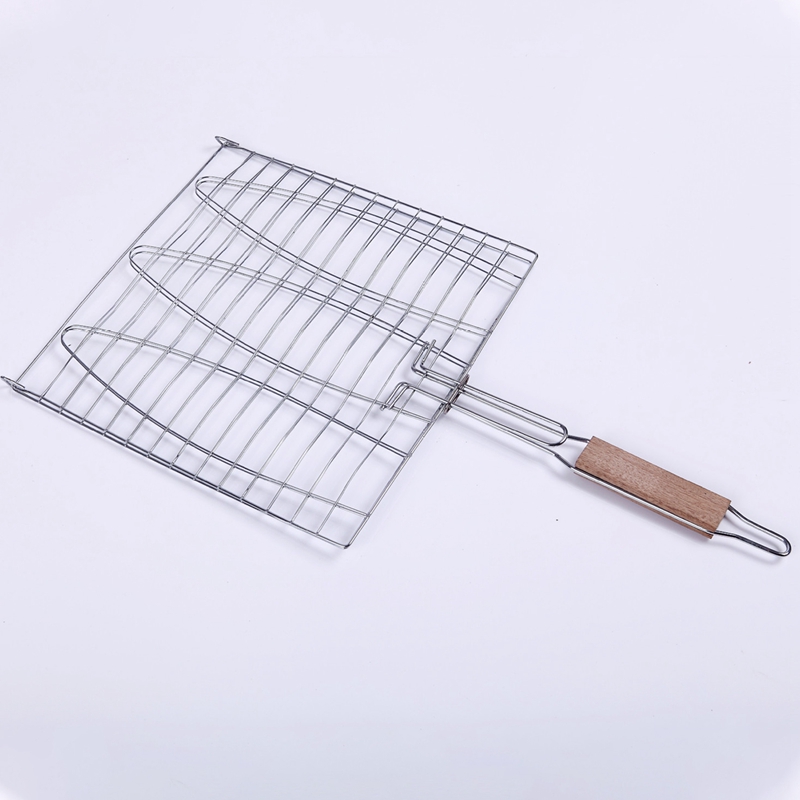 BBQ Fish Grill Net Barbecue Grilling Fish Rack Non-Stick Triple Fish Grilling Basket Wood Handle Barbecue Tool