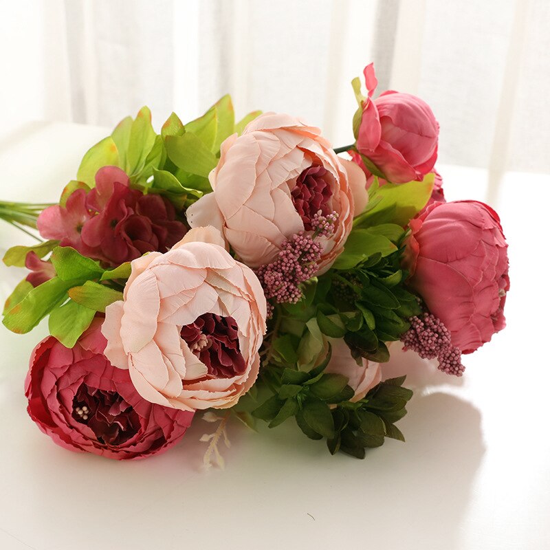 13 grener små ferske, kunstig silkepionbuketter store blomster til bryllupsfest kontorhotell og hjemmedekorasjon: 12