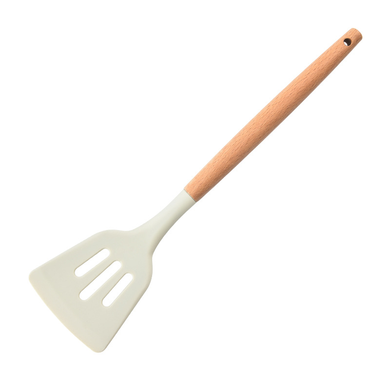 Silicone Kitchen Tools Wooden Handle Kitchenware Set Non stick Pot Wooden Handle Silicone Scoop Kitchen Utensils Set: Ivory