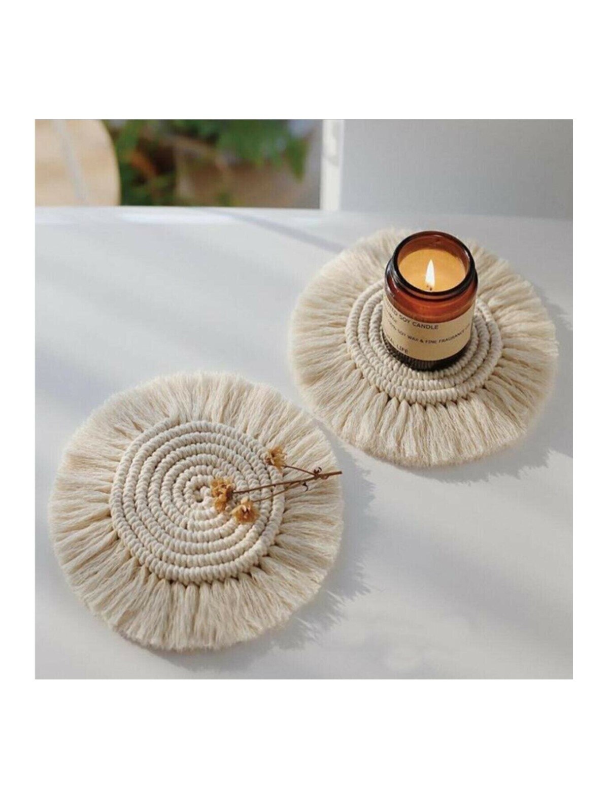 Makrome 1 Piece Cup And Candle Stand With Tassels Handmade 19 Cm Diameter Stylish Home Decor: Oval 2 PCS