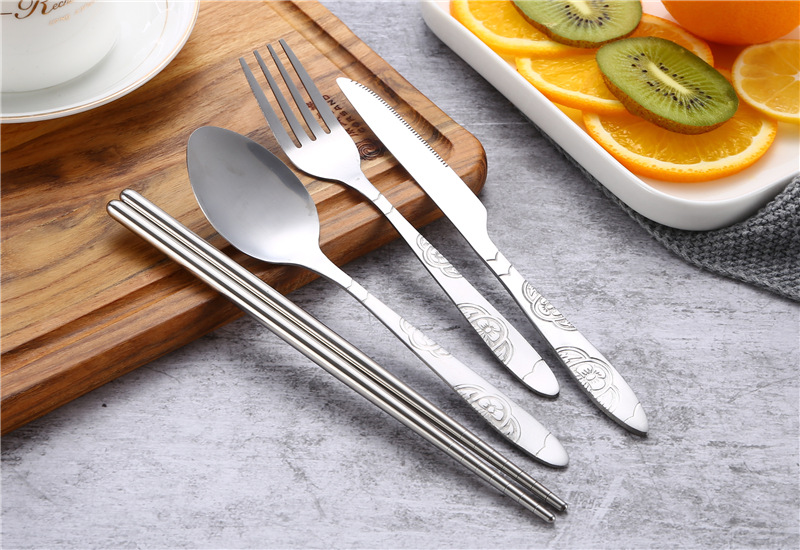 7pcs/ Set Stainless Steel Tableware Set Outdoor Portable Cloth Bag Knife Fork Spoon Chopsticks Straw Rich Flowers Seven Sets