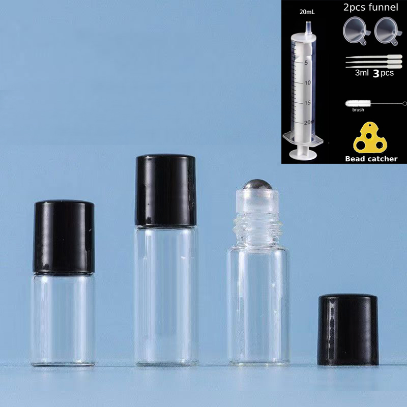 50 sztuk 1ML/2ML/3ML/5ML przezroczysta butelka szklana rolka butelka z kulką na olejku eterycznym czarne puste fiolki podróżna butelka perfum
