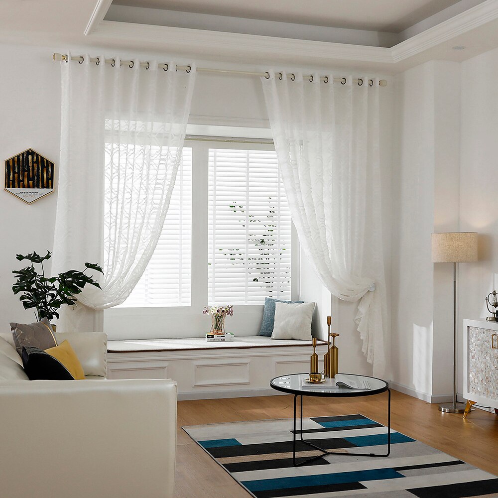 Tulle Curtains for Livingroom White Sheer Voile Window Curtain with Ring Top Tulle Curtain for Kitchen 2 Panel
