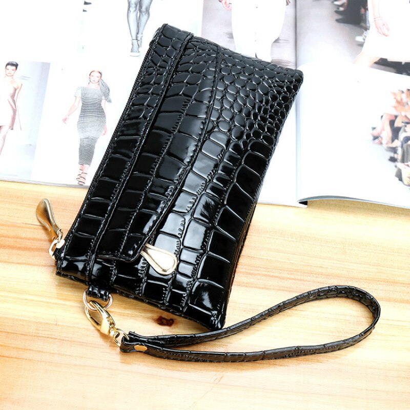 Couro de patente carteiras femininas fallow longo senhoras duplo zíper carteira bolsa de embreagem design vermelho bolsas de crocodilo