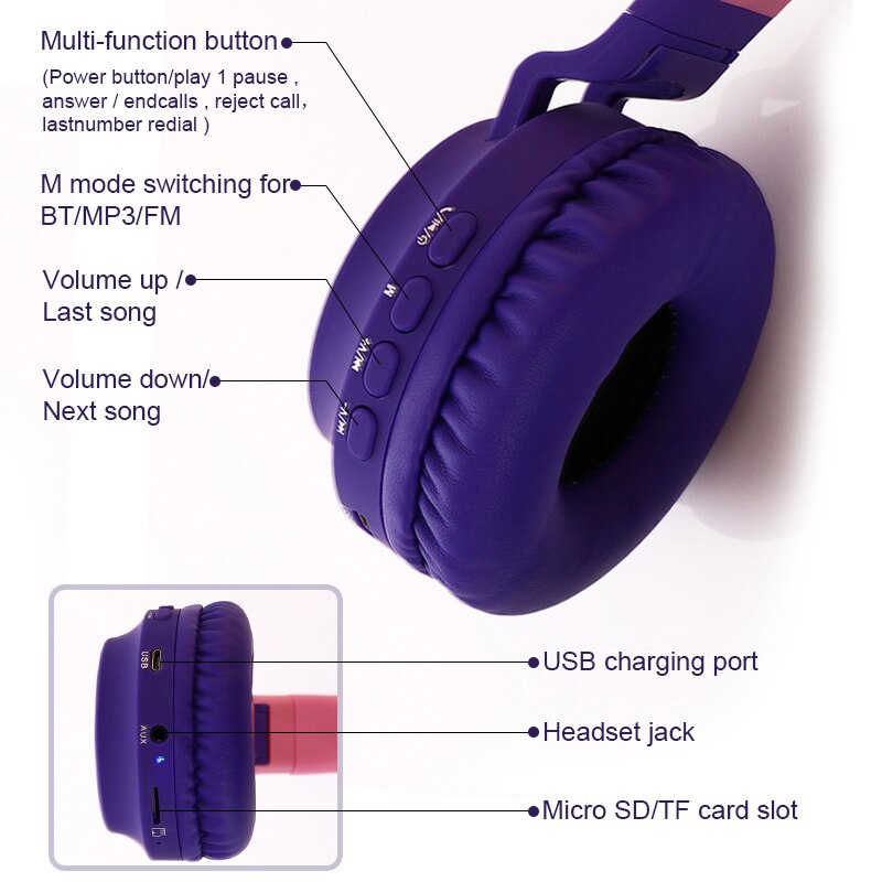 Enfants fille sur l'oreille écouteurs Bluetooth 5.0 bruit suppression stéréo casque avec Microphone mains libres appel PC téléphone portable