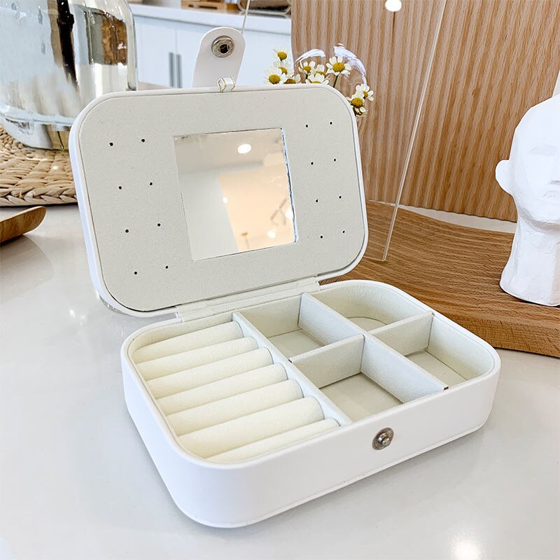 2022 Leather Portable Jewelry Box Double Simple Earrings Ring Jewelry Casket Can Hold 68 Earrings: white with mirror