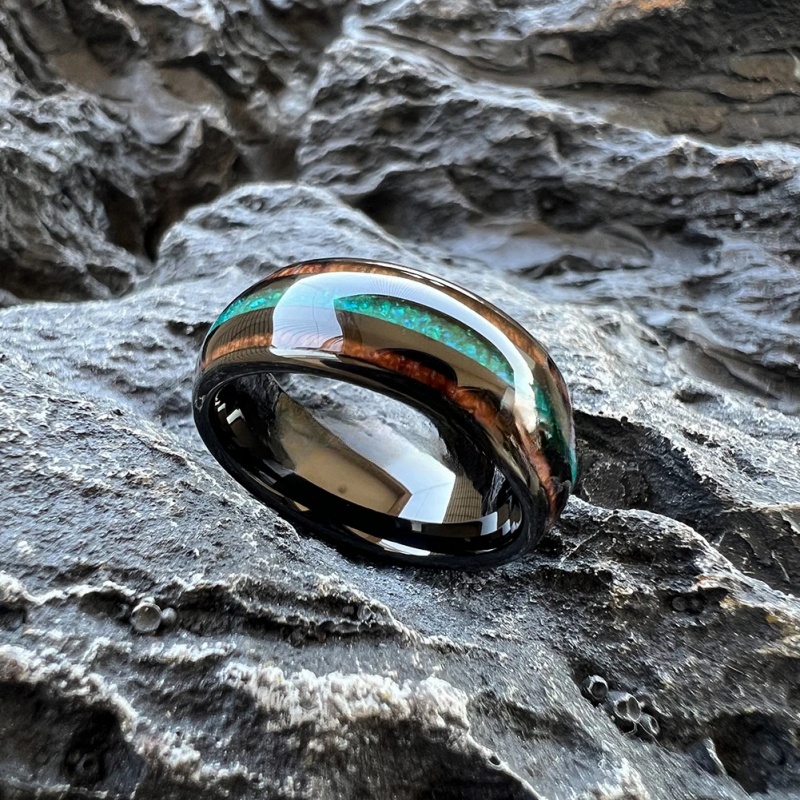Anillo de tungsteno negro de 8Mm para hombres y mujeres, anillo de compromiso de boda, joyería de , incrustaciones de madera de Koa de ópalo verde, ajuste cómodo