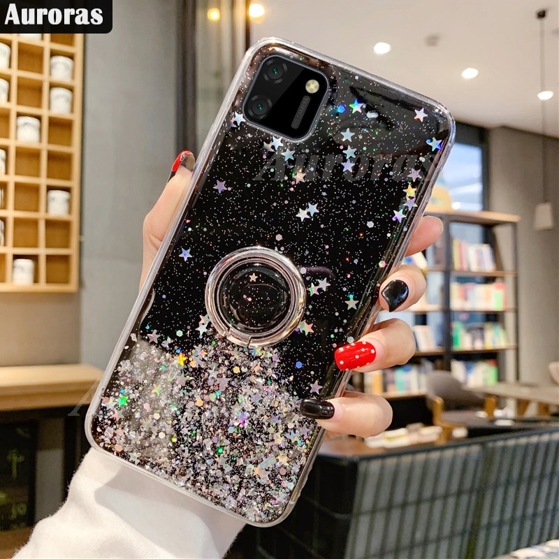 Auroras For Realme C11 Case Glitter Bling Sequins Starry Sky With Ring Shockproof For Realme C11 Cover