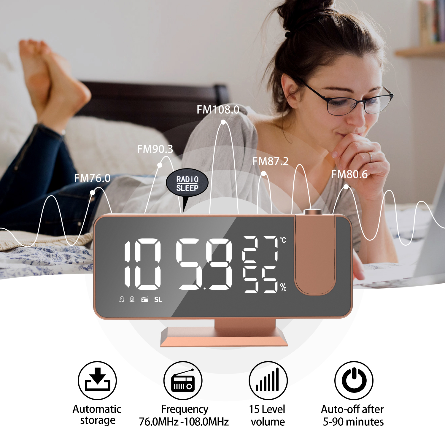 Radio-réveil Fm avec minuterie de sommeil, double Port Usb, affichage numérique avec gradation, Volume réglable (blanc)